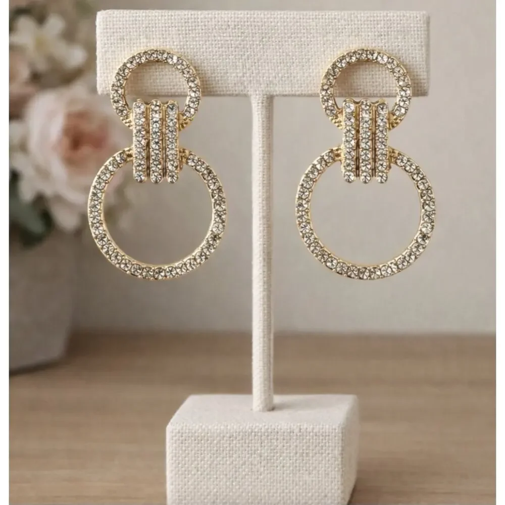 Gold Rhinestone Circle Earrings New
